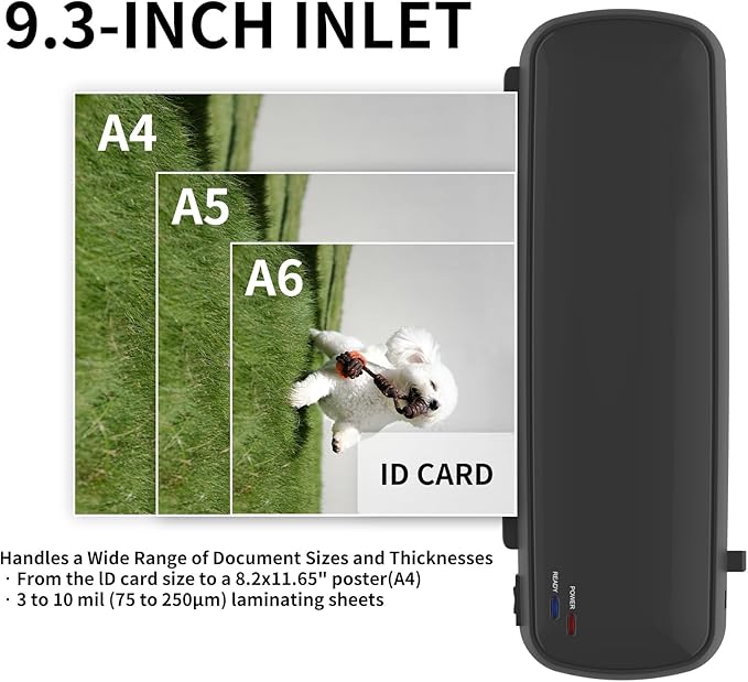 A4 Thermal Laminator Machine, 9.3-Inch Inlet, 3-10 Mil Thickness, Fast Warm-Up, Jam-Free Design, for Home Office School, Black
