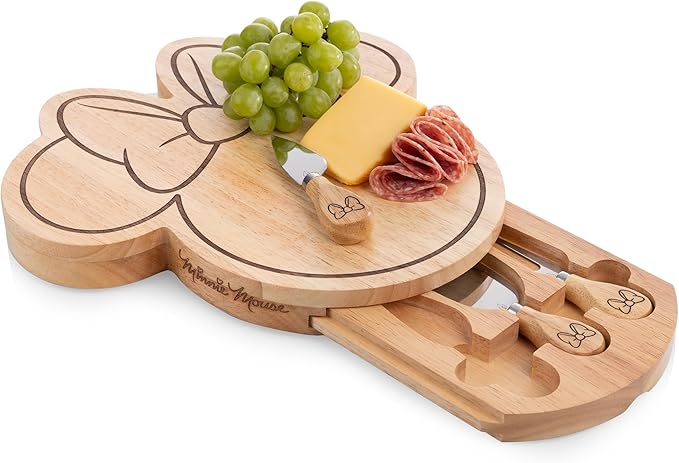 PICNIC TIME Disney Minnie Mouse Head Shaped Cheese Board with Tools, Parawood Charcuterie Board with Recessed Groove and Stainless Steel Utensils (Parawood)