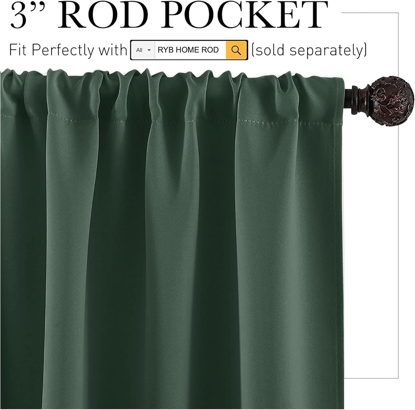 RYB HOME Room Darkening Curtains 84 inches Length 2 Panels Set, Privacy Assured Blackout Window Covers Thermal Insulated Rod Pocket Drapes for Living Room, 42 x 84 inch, Dark Green