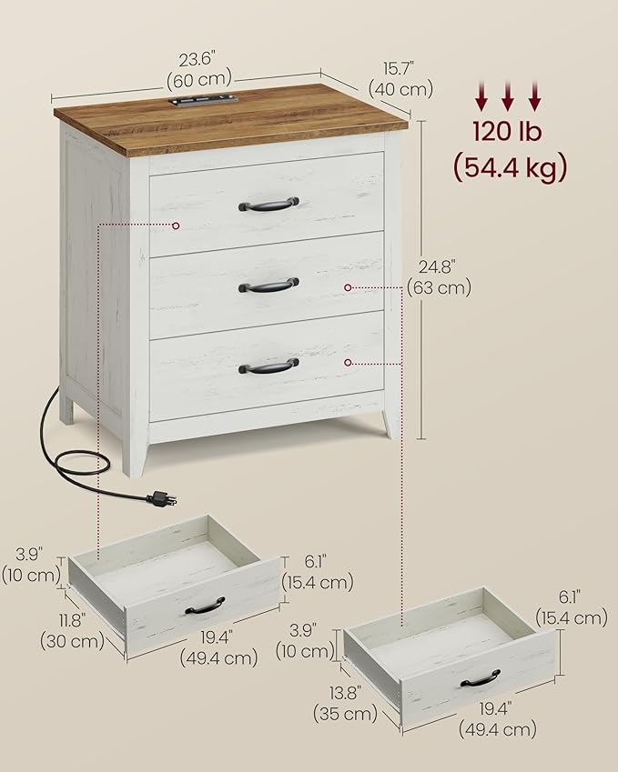 VASAGLE LIRY Collection - Farmhouse Nightstand with Charging Station, Bedside Table, Side End Table with 3 Drawers, for Bedroom, Rustic White and Honey Brown ULET679W01