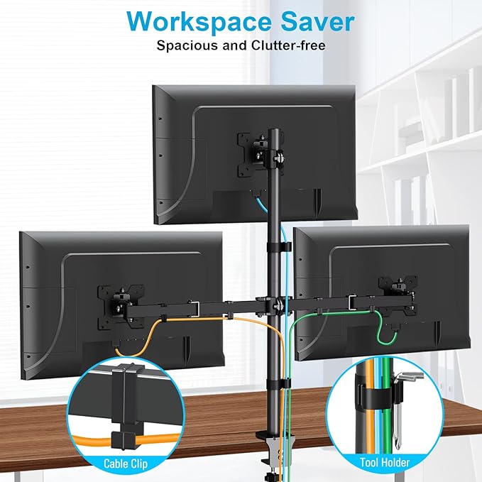 MOUNTUP Triple Monitor Stand, Height Adjustable Monitor Desk Mount Fit for 17 to 32 Inch Computer Screens, Stacked Monitors Arm for 3 Monitors, with C-Clamp and Grommet Base, up to 17.6lbs per Arm