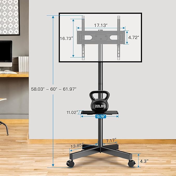 PERLESMITH Rolling TV Stand, Mobile TV Stand for 23-60 Inch LCD LED TVs, Tilt TV Stand Wheels Holds up to 88Lbs, Portable TV Stand for Bedroom with Shelf, Outdoor TV Stand Max VESA 400x400mm PSTVMC06
