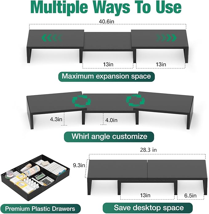 OPNICE Dual Computer Monitor Stand Riser, Desk Organizer with Drawer, Office Desk Accessories & Workspace Organizers for Home Office Supplies, Black