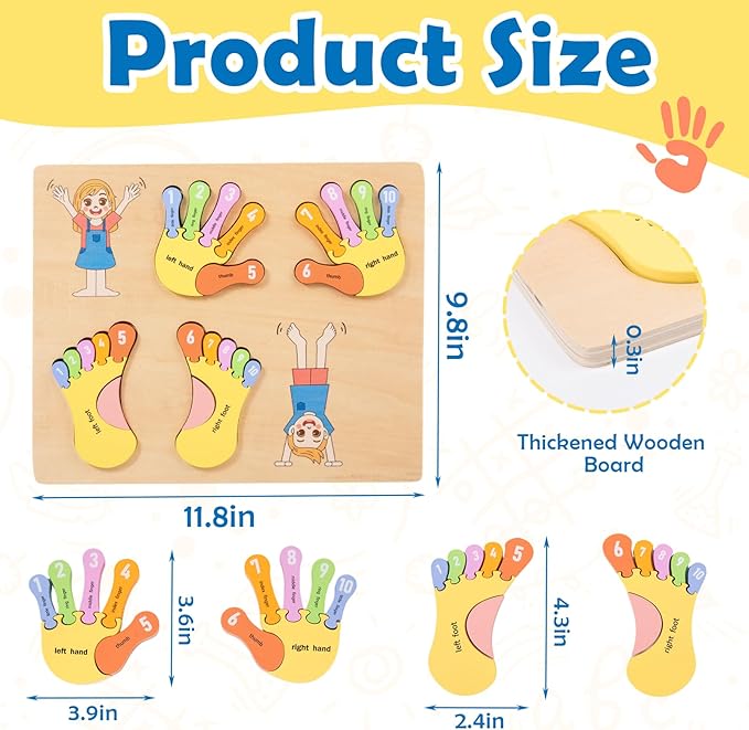 Adena Montessori Number Counting Blocks - Wooden Hands and Feet Shape Toy for Kids, Sorting & Counting Math for Home Classroom, Learn Numbers & Left and Right with Safe Wooden Blocks for Toddlers 3-4