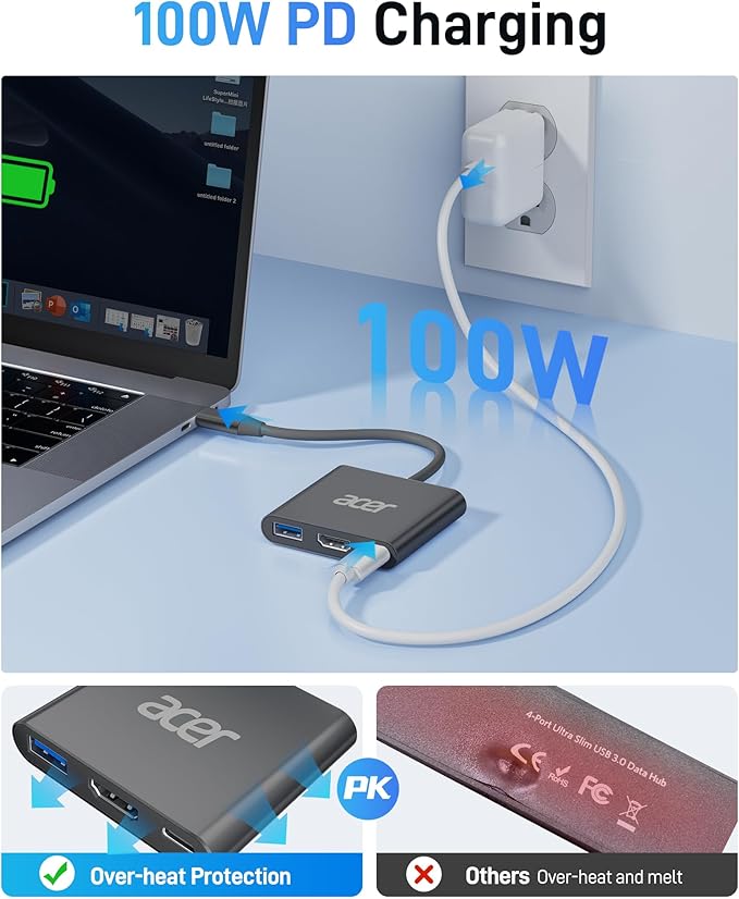 Acer USB C to HDMI Adapter, 4K USB C Hub with 100W PD, USBA 3.0 Port, HDMI to USBC Multiport Digital AV Converter for MacBook Pro/Air, iPad, Tablets, TV, Monitor and More (Black)