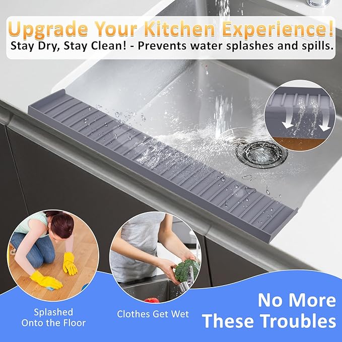 Sink Edge Protector with Suction Cup 4"x30" 20" 14" Silicone Sink Splash Guard for Kitchen & Bathroom, Protect Countertop from Scratches, Stains, for Stainless Steel Granite Quartz-Grey