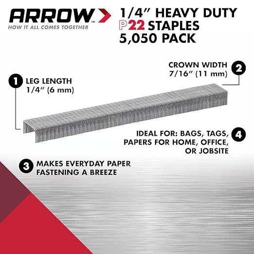 Arrow 224 Heavy Duty P22 Staples for Use with Plier-Type Paper and Bag Staplers in Restaurants, Offices, Classrooms, 5050-Pack, 1/4-Inch Leg Length, 7/16-Inch Crown Width