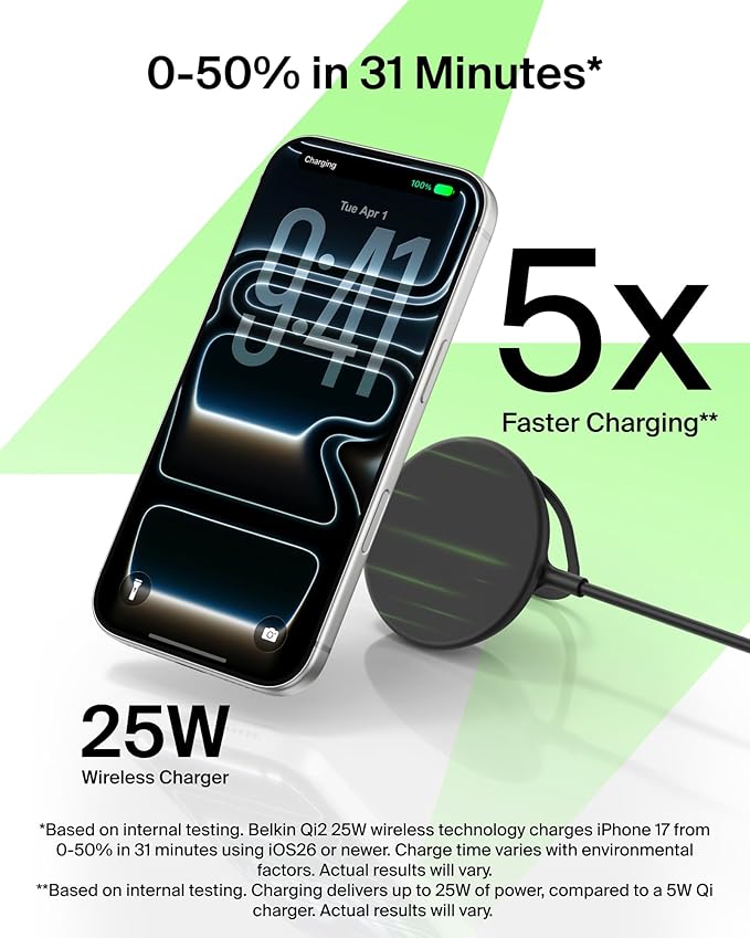 Belkin MagSafe Charger, Magnetic iPhone Charger w/ Qi2 25W, Fast Wireless Charging Pad w/Kickstand for iPhone 17 Series, Samsung Galaxy, Pixel 10, AirPods Pro, Travel - Adapter Included, Black