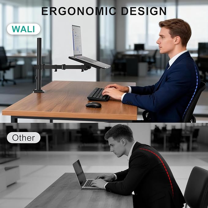 WALI Laptop Tray Desk Mount for 17inch Notebook, Fully Adjustable Laptop Arm up to 22lbs, Monitor Mount with Vented Cooling Platform Stand (M00LP), Black