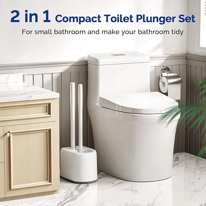HAMITOR Toilet Plunger Bowl Brush Combo：Heavy Duty Rubber for Drain Clog Remover - Curved Design Bristles for Deep Cleaning Under Rim - Compact Bathroom Cleaning Tools for New Homet Essentials - White