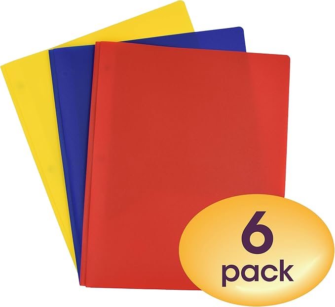 Smead Poly Two-Pocket Folder with Tang Style Fasteners, Letter Size, Assorted Colors, 6 per Pack (87746)