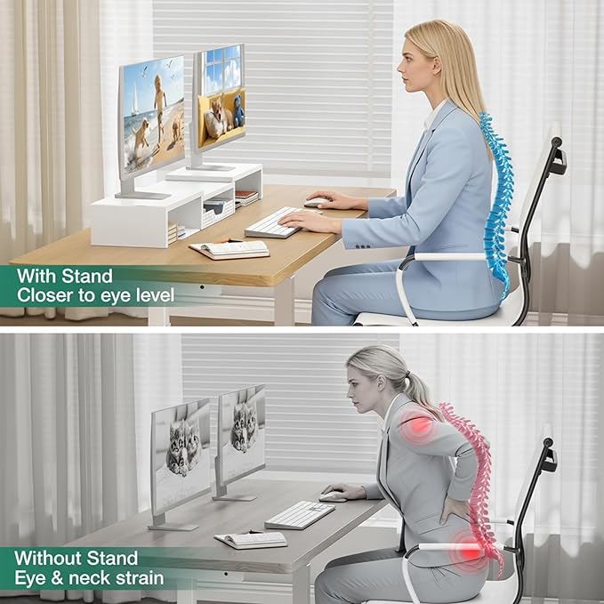 OPNICE Desk Organizer, Dual Computer Monitor Stand Riser with Drawer, Office Desk Accessories & Workspace Organizers, White