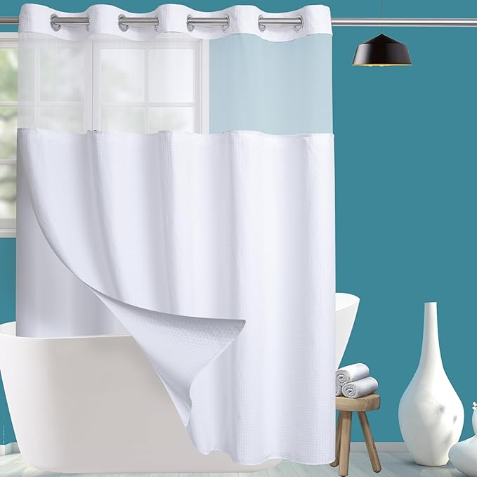 Conbo Mio No Hook Waffle Weave Shower Curtain with Snap in Liner Set, Hotel Luxury White Shower Curtains for Bathroom with See Through Top Window, Waterproof, Washable 71W x 74H