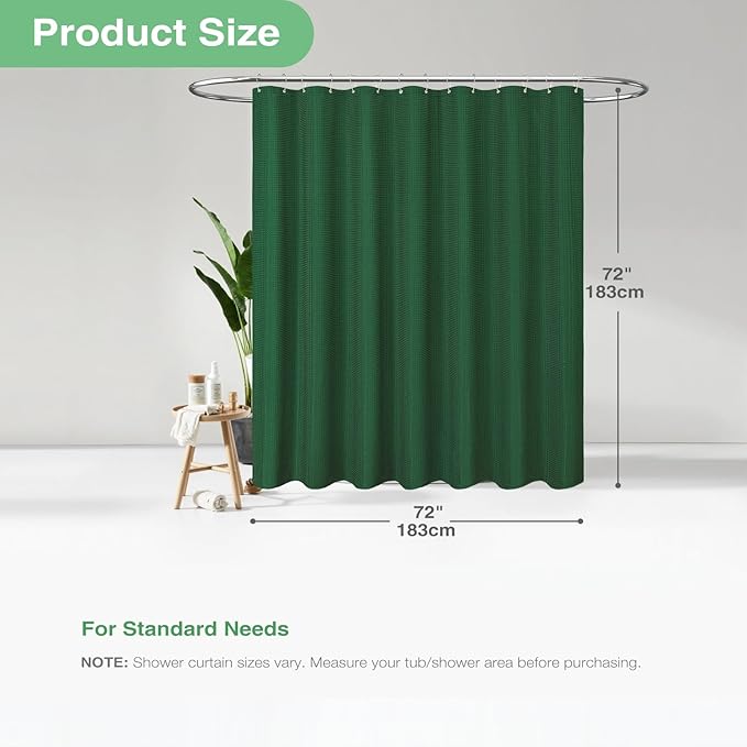 Dynamene Dark Green Fabric Shower Curtain - Waffle Weave Textured Heavy Duty Cloth Shower Curtains for Bathroom, 256GSM Hotel Luxury Weighted Bath Curtain Set with 12 Hooks,72x72, Dark Green
