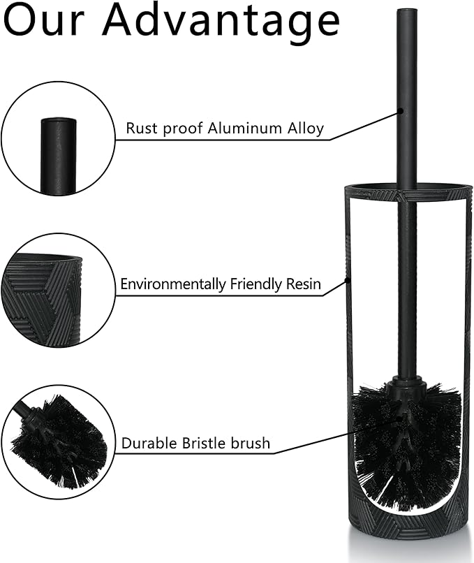 Matte Black Geo Design Resin Toilet Bowl Holder and Brush Set, Stylish Geometric Design with Durable Bristles, Compact and Modern