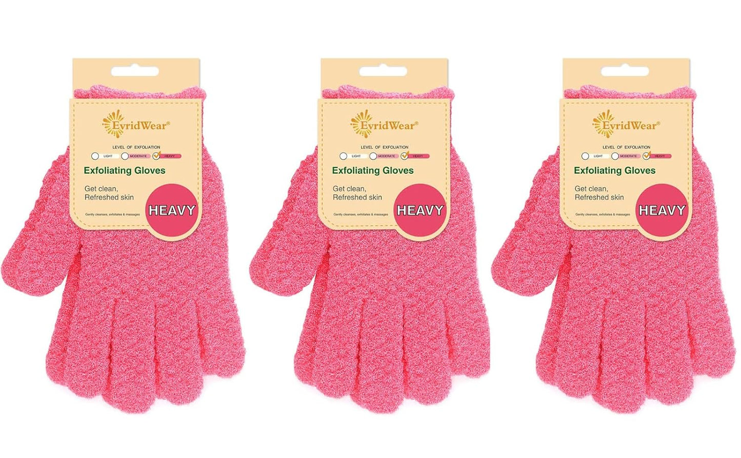 Evridwear Exfoliating Gloves for Shower, 100% Nylon Thick Soft Medium Heavy Bathing Gloves Dead Skin Remover Body Scrubber Smooth Skin with Hang Loop, 3 Pairs Heavy Hot Pink
