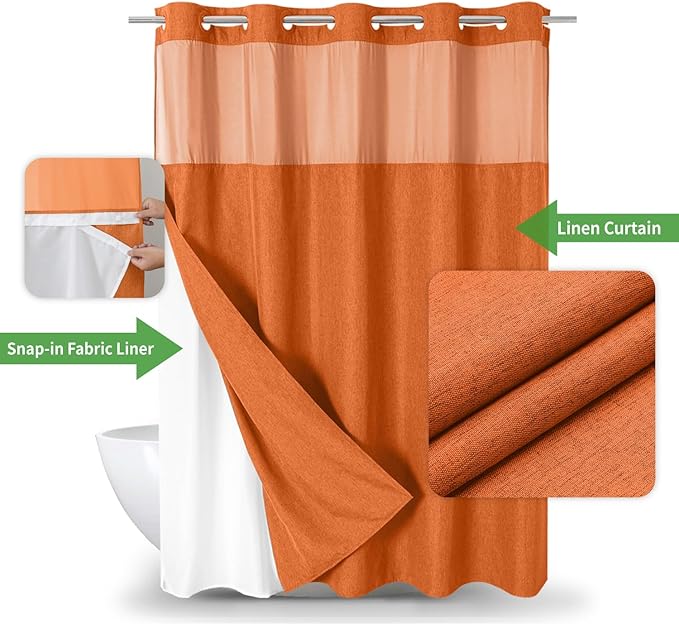 Extra Long No Hooks Needed Linen Textured Shower Curtain with Snap-in Fabric Liner Set,White Hotel Luxury Decor Shower Curtains for Bathroom,Waterproof & Washable,71Wx86H,Burnt Orange