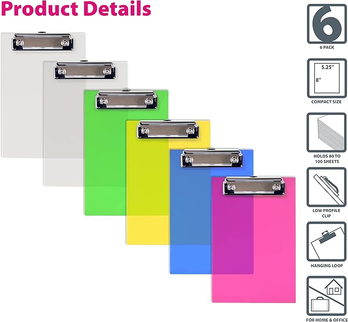 Better Office Products Mini Clipboards (6 Pack), Plastic, Low Profile Clips, Assorted Translucent Colors, Durable, A6 Memo Size, 5.3" x 8",