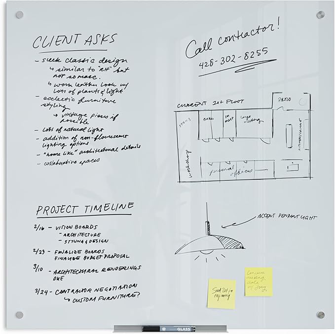 U Brands Glass Dry Erase Board, 36" x 36", 3'x3', White Frosted Surface with Silver Grommets, Frameless, Includes Marker