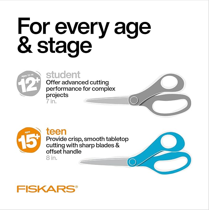 Fiskars 8" Teen Scissors for Teens Ages 15+, Scissors for School or Crafting, Back to School Supplies, Blue