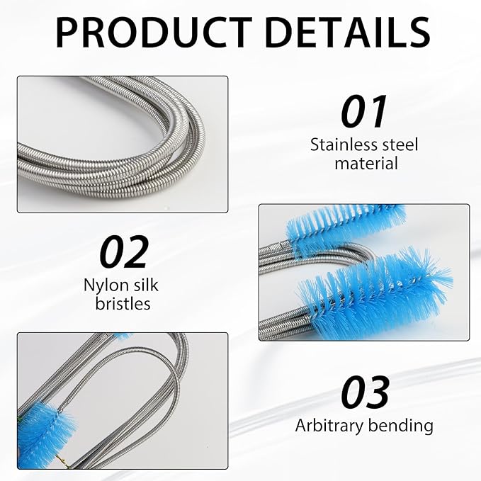 79” Flexible Pipe Cleaner Brush Set, Dual-Ended and Extra-Long Stainless Steel Cleaning Tool for Homeowner Mechanics Clean Sink Refrigerator Coils Shower Drain Plumbing Maintenance Fish-Tank