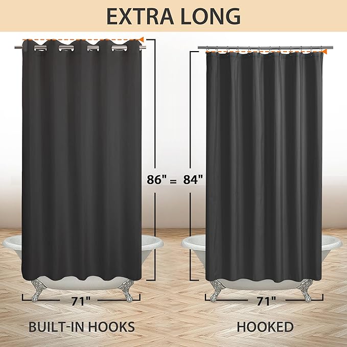 River Dream Extra Long No Hook Black Shower Curtain or Liner Soft Microfiber - 84" Length Fabric Shower Curtain Liner Set, Machine Washable & Water Repellent, Black, 71x86