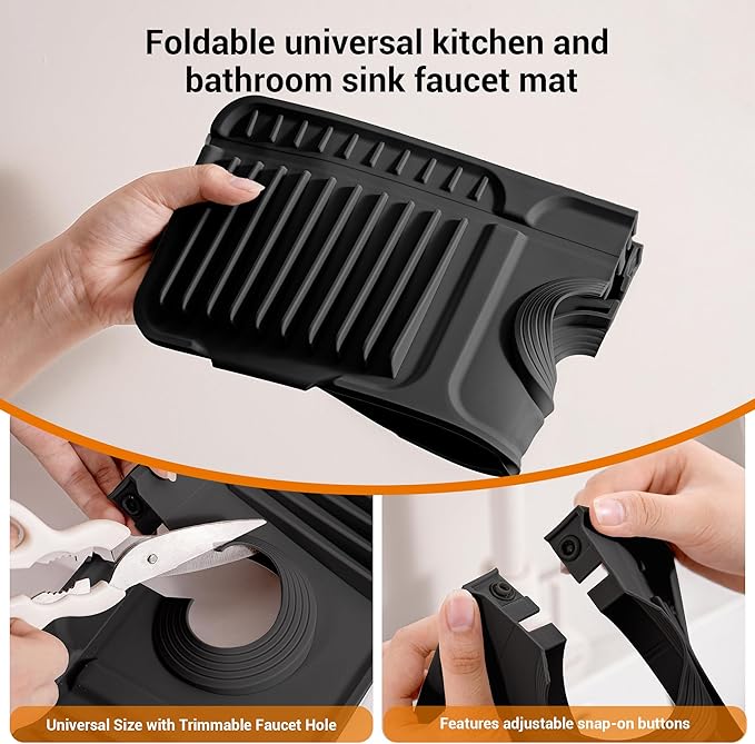 Faucet Mat for Kitchen Sink, 24"X5.5" Silicone Sink Splash Guard with Soap Holder, Snap-On Design & 7°slope Fast Drain, Folding Sink Faucet Mat for Universal Kitchen Bathroom Sink（Black）