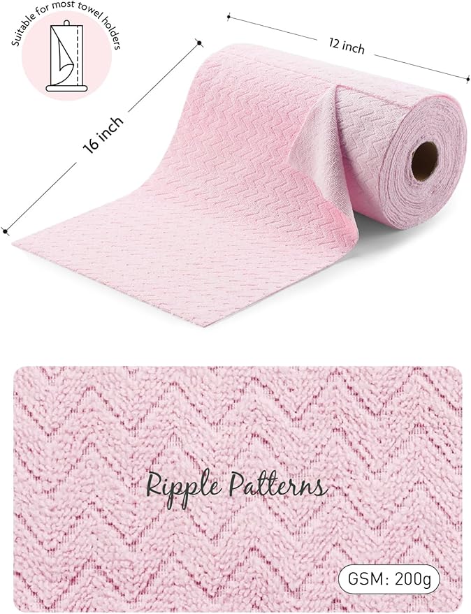 Fantasticlean Microfiber Cleaning Cloth Roll, 16" x 12"- 50 Sheets, Reusable Tear Away Microfiber Towels, Ultra Absorbent Dish Rags for Car, Home or Office (Pink Ripple)