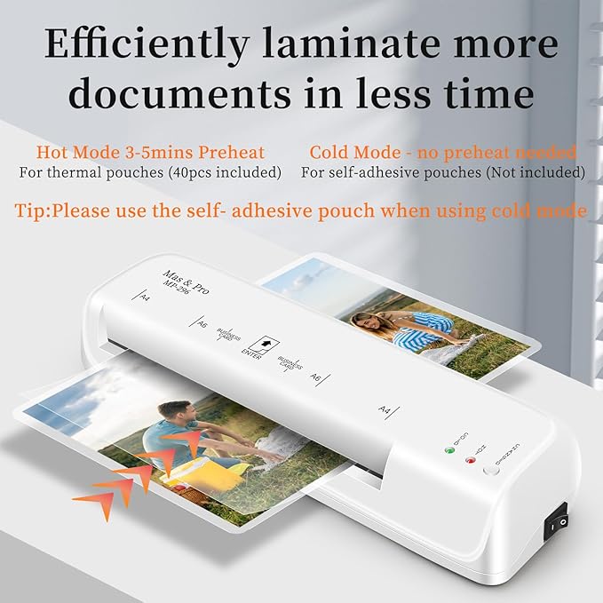 9 Inch Thermal Laminator Machine with 40 Laminating Sheets, 3-5mil, for A4, A5, A6, Photos, Small Personal Laminator for Home Office School use, Hot & Cold, 2-Roller, Anti Jam, White, by Mas & Pro