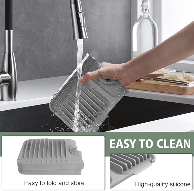 14.6-Inch Kitchen Sink Splash Guard Mat | 7° Slope for Fast Self-Draining | Snap-Lock Design | Universal & Cuttable Silicone Faucet Mat GRAY
