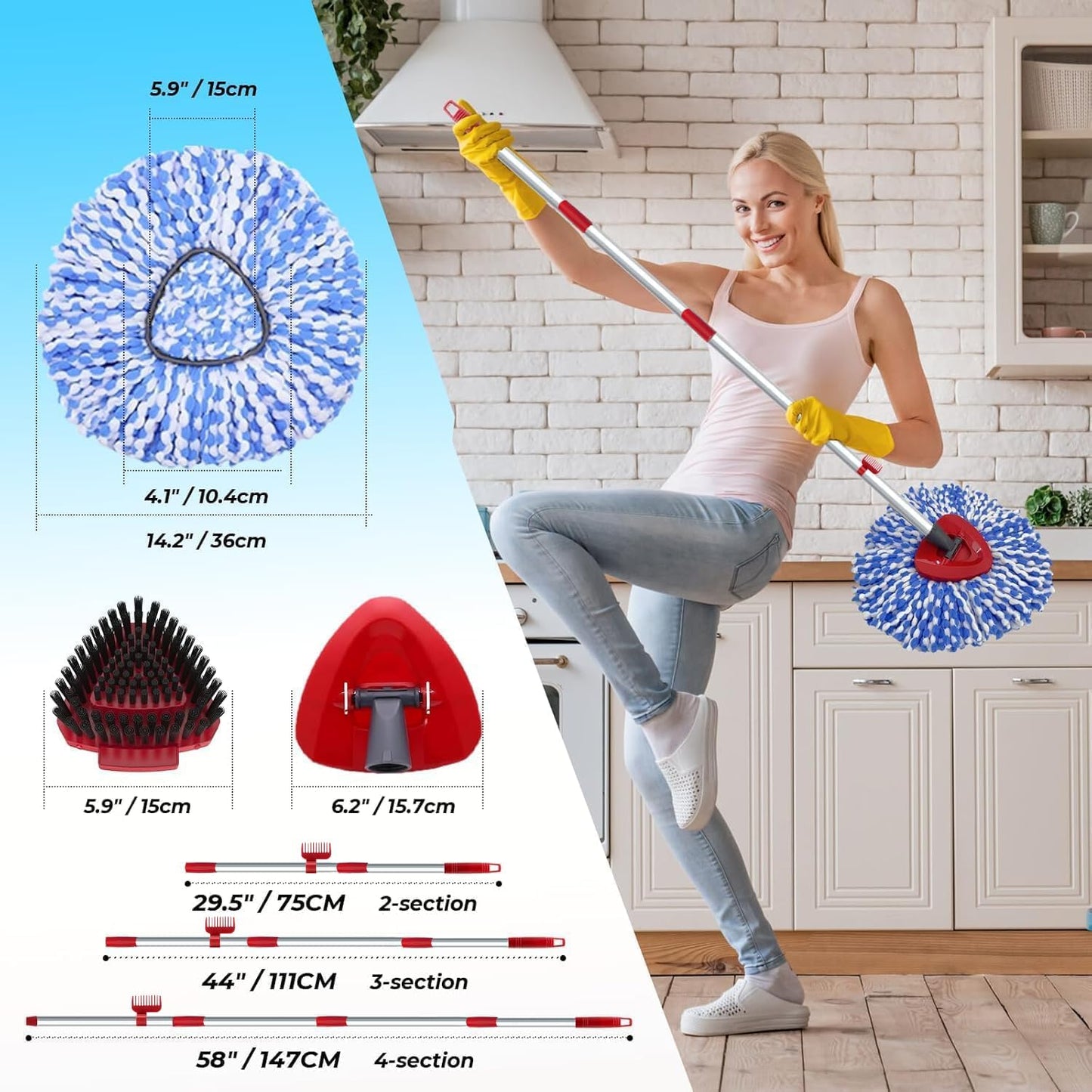 Spin Mop Head and Brush Replacement Compatible with O Cedar RinseClean 2-Tank System, 4 Mop Replace Heads, 1 Handle, 1 Base and 1 Scrub Brush Combo Set