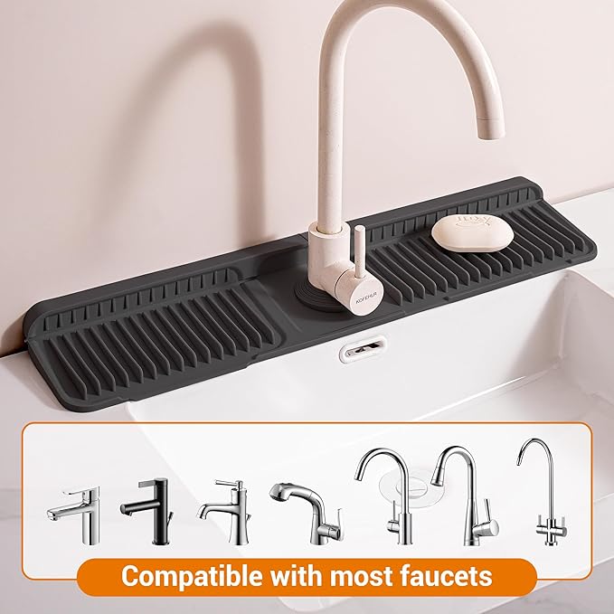 Faucet Mat for Kitchen Sink, 24"X5.5" Silicone Sink Splash Guard with Soap Holder, Snap-On Design & 7°slope Fast Drain, Folding Sink Faucet Mat for Universal Kitchen Bathroom Sink（Black）