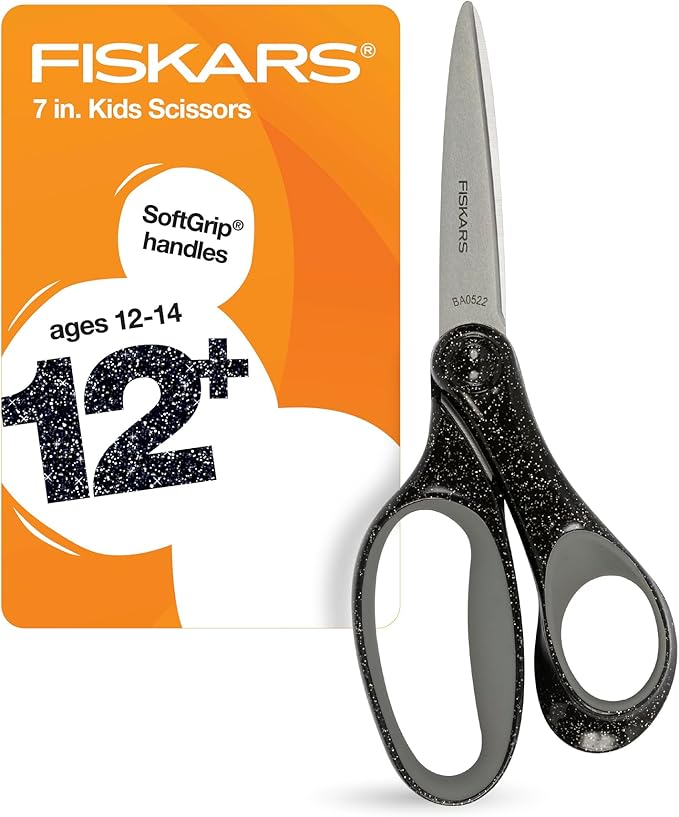 Fiskars 7" SoftGrip Student Glitter Scissors for Kids 12+ - Scissors for School or Crafting - Back to School Supplies - Black Glitter (Pack of 1)