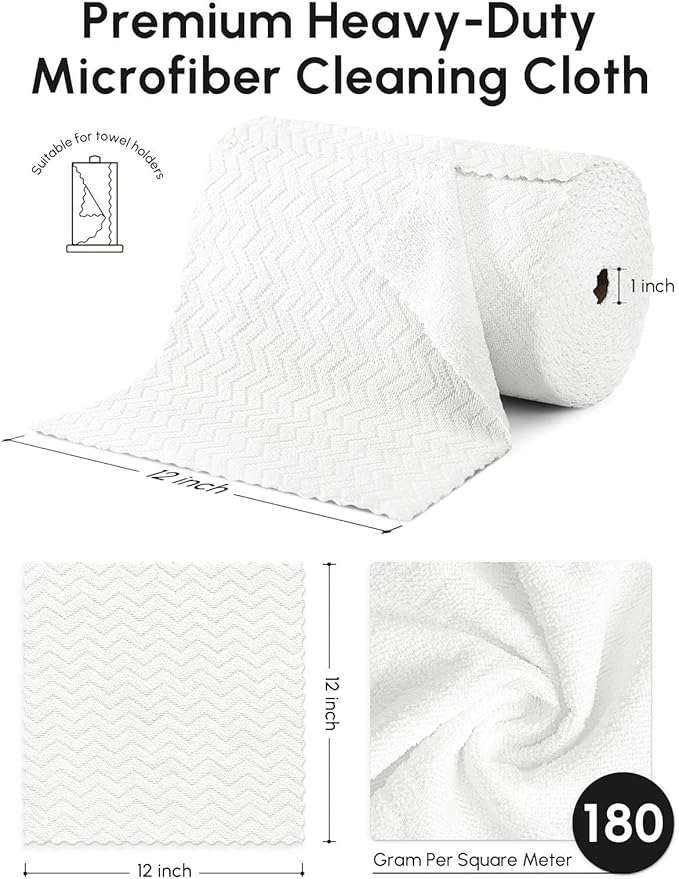 Microfiber Cleaning Cloths Roll, 75 Pack Tear Away Microfiber Towels Roll, 12" x 13" Lint Free Rags, Reusable Cleaning Cloths, Washable, Scratch Free,Ultra Absorbent Dish Rags(White Ripple)