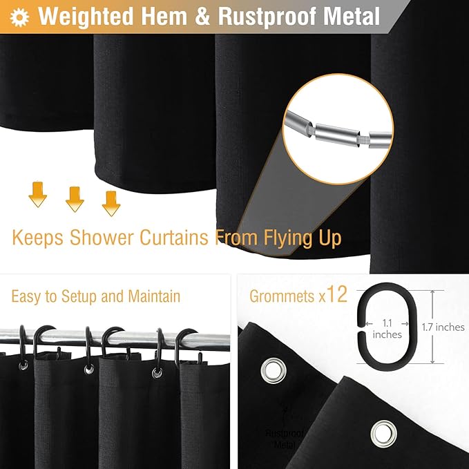 BTTN 96 Inch Extra Long Shower Curtain, Tall Linen Textured Heavy Duty Fabric Shower Curtain Set with 12 Hooks, Large Simple Decorative Polyester Bath Curtains for Bathroom, Quick-Drying, 72x96, Black