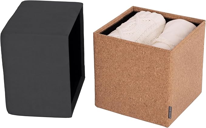 Seville Classics Cushioned Fabric Ottoman Hidden Storage Chest Footrest Chair, Padded Seat for Bedroom, Dorm, Loft, Living Room, Entryway, Hallway, Cork/Steel Grey, 15" Cube