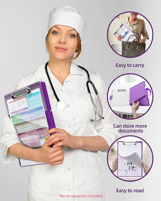 Clearview Clipboard with 2 Storage, Dry Erase 8.5x11 Heavy Duty ClipBoards - High Capacity Coaches Clip Board with Pen Holder - Side Opening Plastic Nursing Clip Case (Dark Purple)