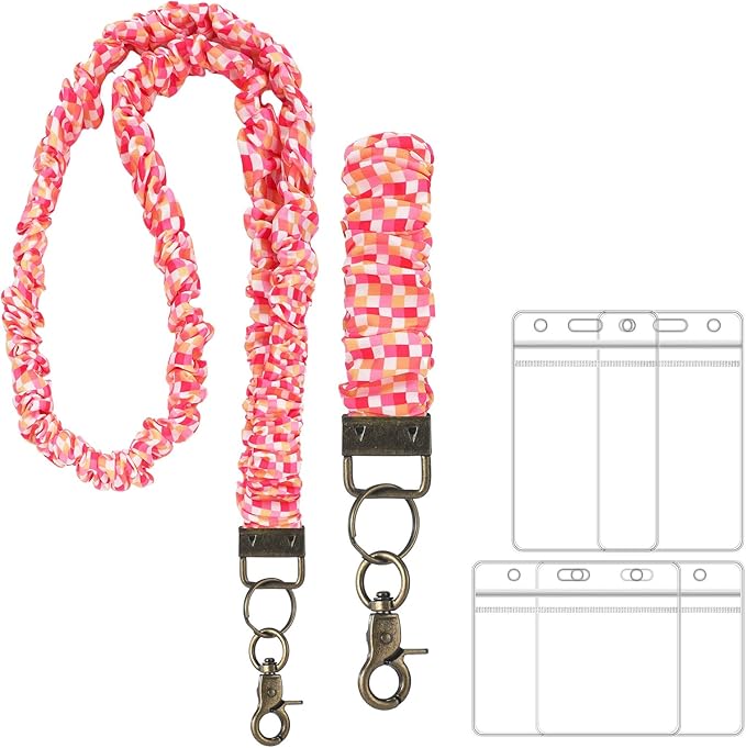 Marspark 2 Set Scrunchie Lanyards with 4 Card Holders for ID Badges and Keys Cute Stretchy Scrunchie Neck and Wrist Lanyards for Teacher Women Nurses School Office Supplies(Bright, Checked)