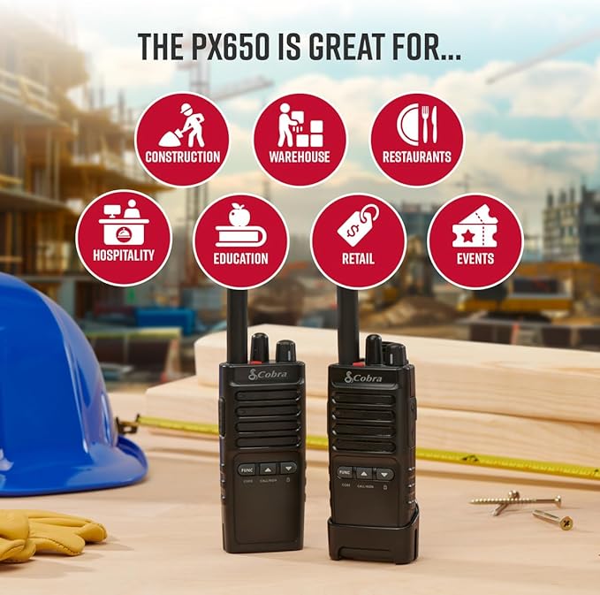 Cobra PX650 - Professional/Business Walkie Talkies - Rechargeable, 300,000 sq. ft/25 Floor Range, Dust Protected and Splashproof (IP54 rating), Two-Way Radio Set (2-Pack)