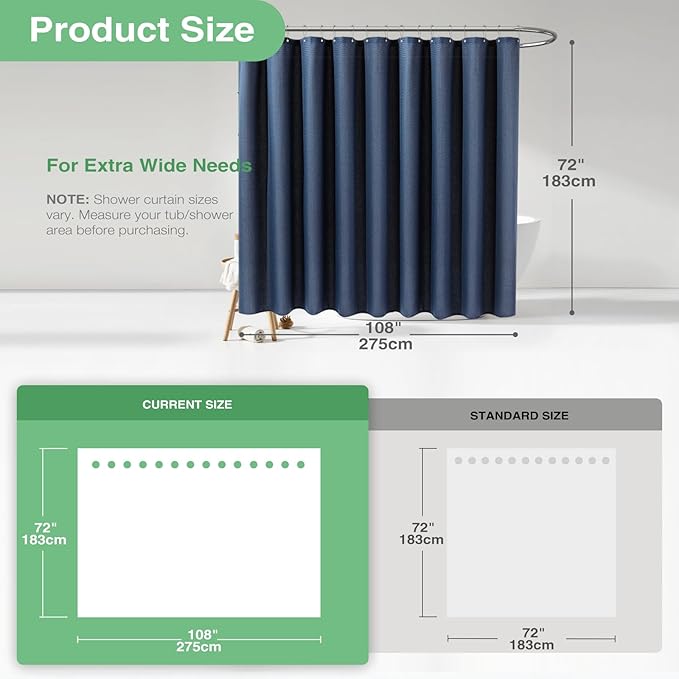 Dynamene Extra Wide Shower Curtain-108 Inch Wide Waffle Weave Weighted Thick Cloth Bathroom Shower Curtain, Neutral Heavy Duty Hotel Bath Curtain Set with 18 Plastic Hooks,108x72, Navy Blue