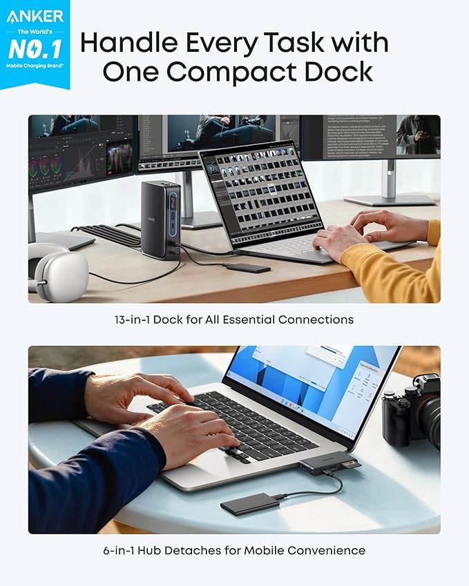 Anker Nano Laptop Docking Station with Detachable Hub, 13-in-1 USB-C Triple Display Docking with 2 HDMI+1 DP, 10 Gbps USB-C, 3 USB-A, Audio, SD/TF, Ethernet, 100W Max PD for Dell, Lenovo, HP, and More
