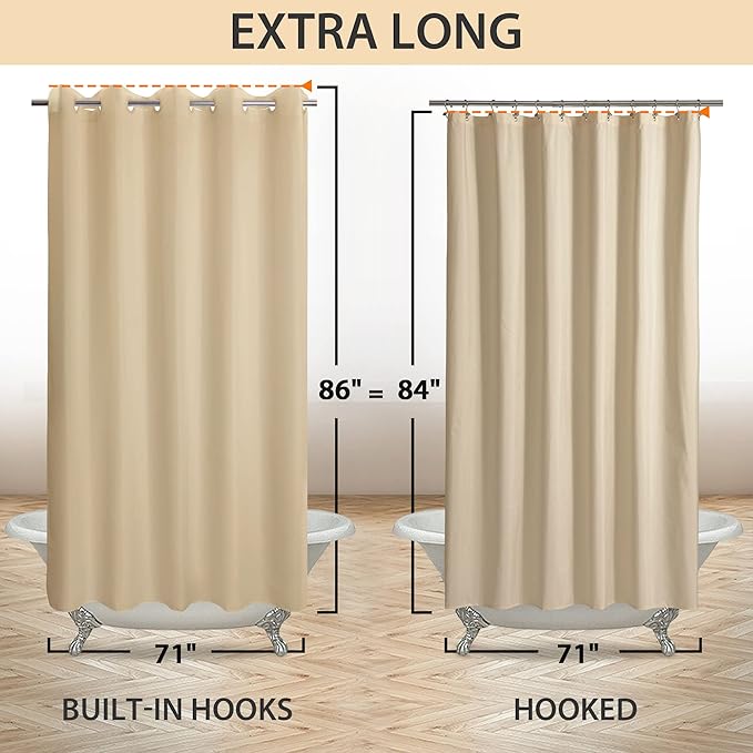 River Dream Extra Long No Hook Beige Shower Curtain or Liner - Soft Microfiber 84" Long Fabric Shower Curtain Liner Set, Machine Washable & Water Repellent, Beige, 71x86