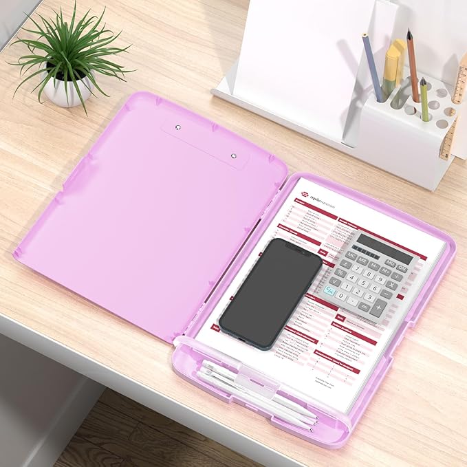Rimilak Plastic Clipboard with Storage, 8.5 x 11 High Capacity Folio Nursing Case with Pen Holder, Size 14.2 x 9.6 x 1.2″ Folder Side-Opening for Classroom, Teacher, Smooth Writing, Pale Pink