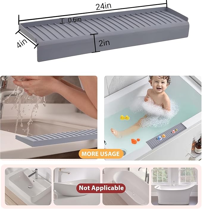 Sink Edge Protector with Suction Cup 4"x24", Silicone Sink Splash Guard for Kitchen & Bathroom, Protect Countertop from Scratches, Stains, for Stainless Steel Granite Quartz-Grey