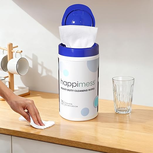 happimess WPE1001A-2SET Heavy Duty Cleaning Wipes, Multi-Purpose Multi-Surface Household Wipes, Extra Strong Cleaner for Kitchen, Bathroom, and Pet Messes, Unscented, 150 Count (2 Packs of 75)