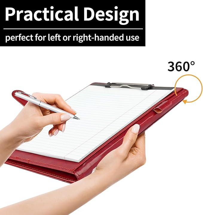 Professional Padfolio with Clipboard, Faux Leather Portfolio Folder Binder, Legal Pad Holder for A4 Letter Size Notepad, Resume, Writing, Ideal Organizer for Business Office Conference (Red)
