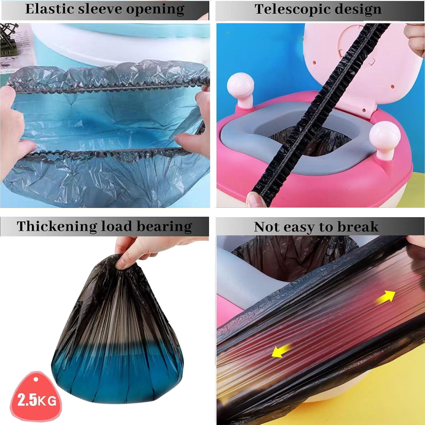 Potty Chair Liners with Elastic, Portable Potty Training Bags, Potty Refill Liners Disposable for Toddlers Kids and Baby,Toilet Seat Cover,17x8Inches,Black,50pieces