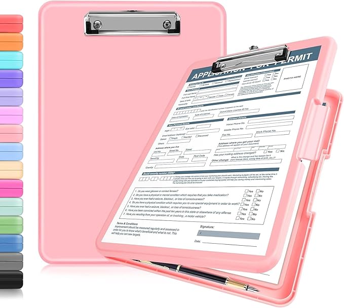 ANZNKU Clipboard with Storage, 13x9.6 Clipboard Foldable Nursing School Essentials, Clip Board Folder for Teacher Nurse Work Office Women, Storage Clipboards with Pen Holder, Document Organizer(Pink)