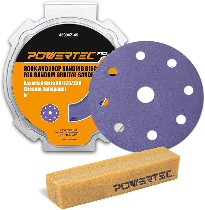 POWERTEC PRO 45901Z 45PK, 5 Inch 9 Holes Assorted Sanding Disc & Abrasive Cleaning Stick, 80/120/220 Grit Zirconia Hook and Loop Backing Discs for Festool Orbital Sanders-Automotive, Metal,Woodworking