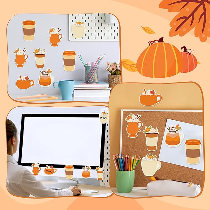 72pcs Fall-Theme Latte Sticky Notes & Pens & Ribbons Set, Cute Pumpkin Fall Element Latte Pastel Notepads Gift, Self-Stick Memo Pad for Thanksgiving Appreciation Back to School Party Favor